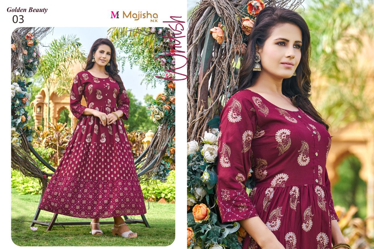 Majisha Nx Golden Beauty Ethnic Wear Rayon Long Anarkali Kurti Collection